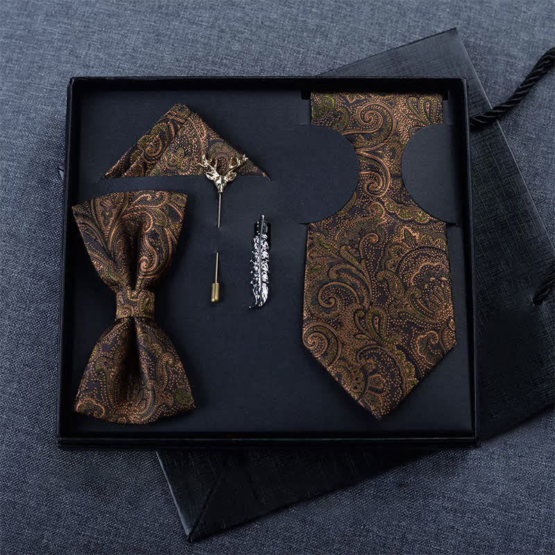 Coffret cadeau de 5 nœuds papillons à motif cachemire marron foncé et noir pour homme
