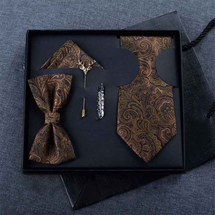 Coffret cadeau de 5 nœuds papillons à motif cachemire marron foncé et noir pour homme