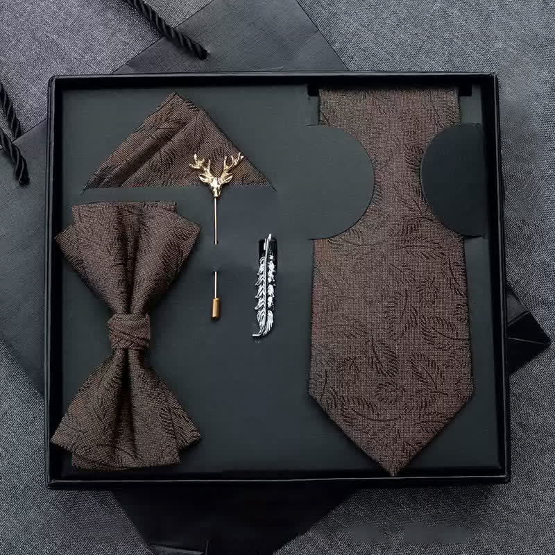Lot de 5 nœuds papillon décontractés pour hommes, imprimé feuilles marron foncé, coffret cadeau
