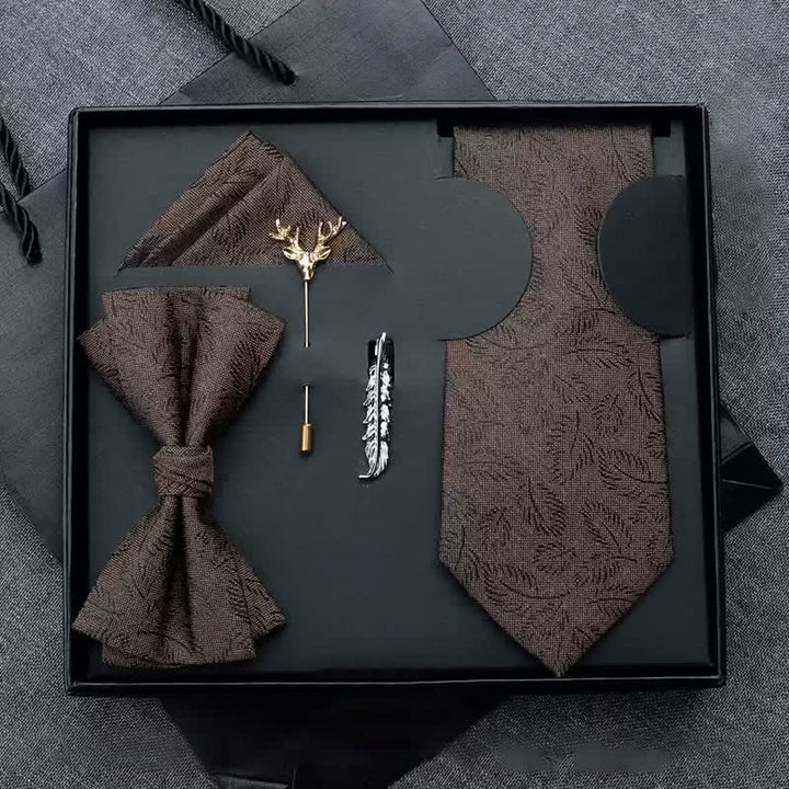 Lot de 5 nœuds papillon décontractés pour hommes, imprimé feuilles marron foncé, coffret cadeau