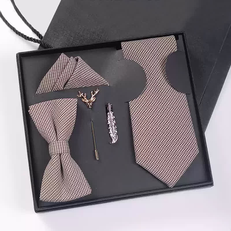 Coffret cadeau de 5 nœuds papillon pied-de-poule noirs et marron pour homme
