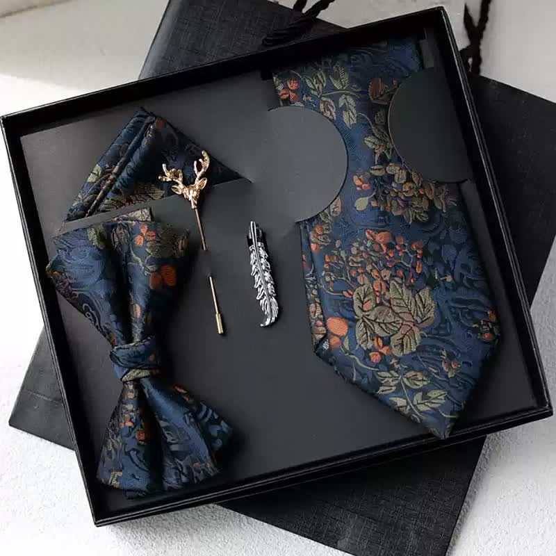 Coffret cadeau de 5 nœuds papillons à fleurs d'été bleu marine et orange pour homme