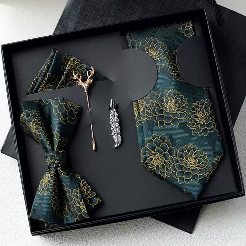 Coffret cadeau de 5 nœuds papillon à motif de marguerites vert foncé pour homme