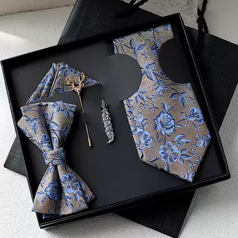 Coffret cadeau de 5 nœuds papillon à fleurs pour homme, couleur beige et bleu