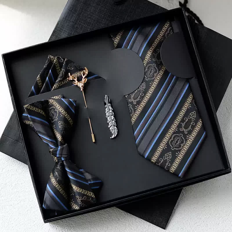 Coffret cadeau de 5 nœuds papillon rétro à rayures bleues et café pour homme