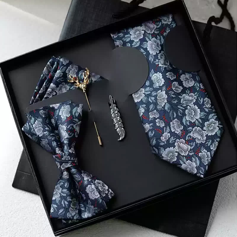 Coffret cadeau de 5 nœuds papillon à fleurs pour homme, bleu marine et gris, rose