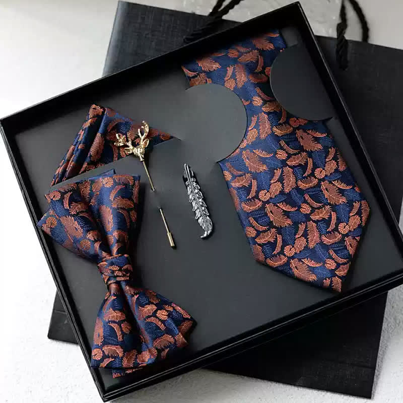 Lot de 5 nœuds papillon bleu marine à imprimé plumes blanches/oranges pour homme, coffret cadeau