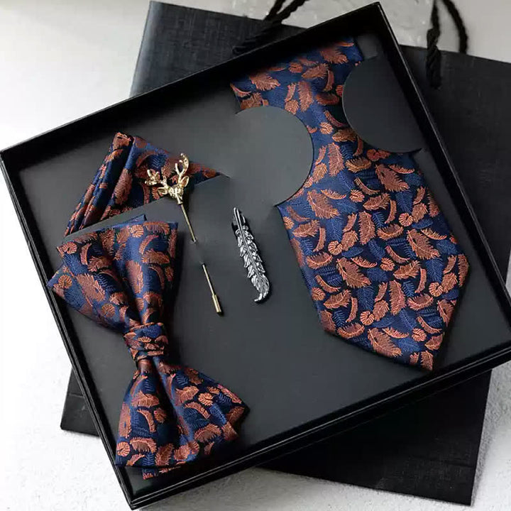 Lot de 5 nœuds papillon bleu marine à imprimé plumes blanches/oranges pour homme, coffret cadeau
