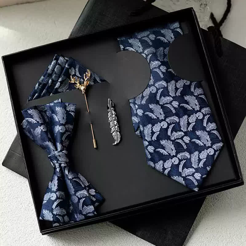 Lot de 5 nœuds papillon bleu marine à imprimé plumes blanches/oranges pour homme, coffret cadeau