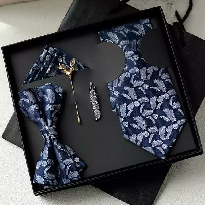 Lot de 5 nœuds papillon bleu marine à imprimé plumes blanches/oranges pour homme, coffret cadeau