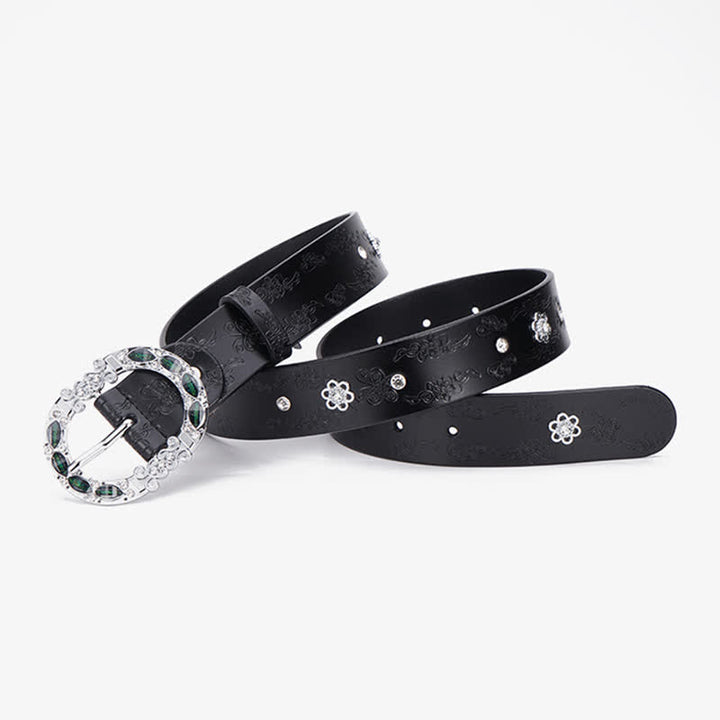 Ceinture en cuir à strass blancs et verts foncés pour femme