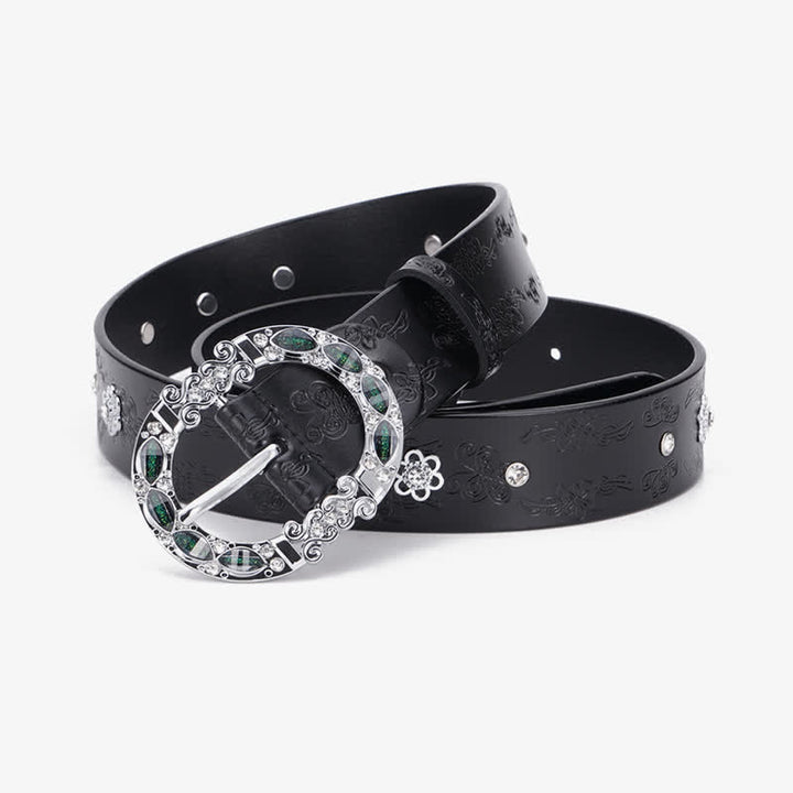 Ceinture en cuir à strass blancs et verts foncés pour femme
