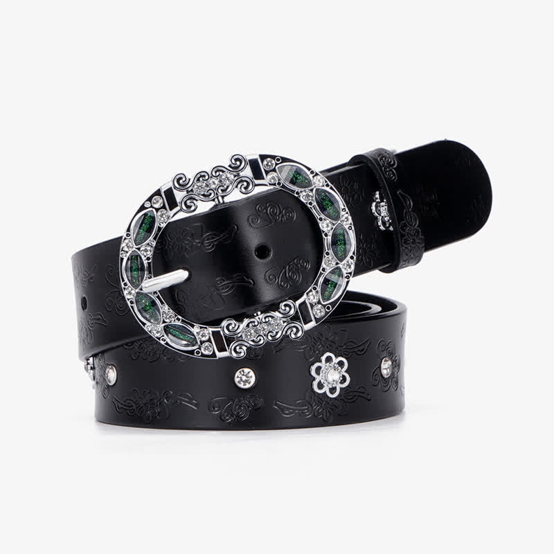 Ceinture en cuir à strass blancs et verts foncés pour femme