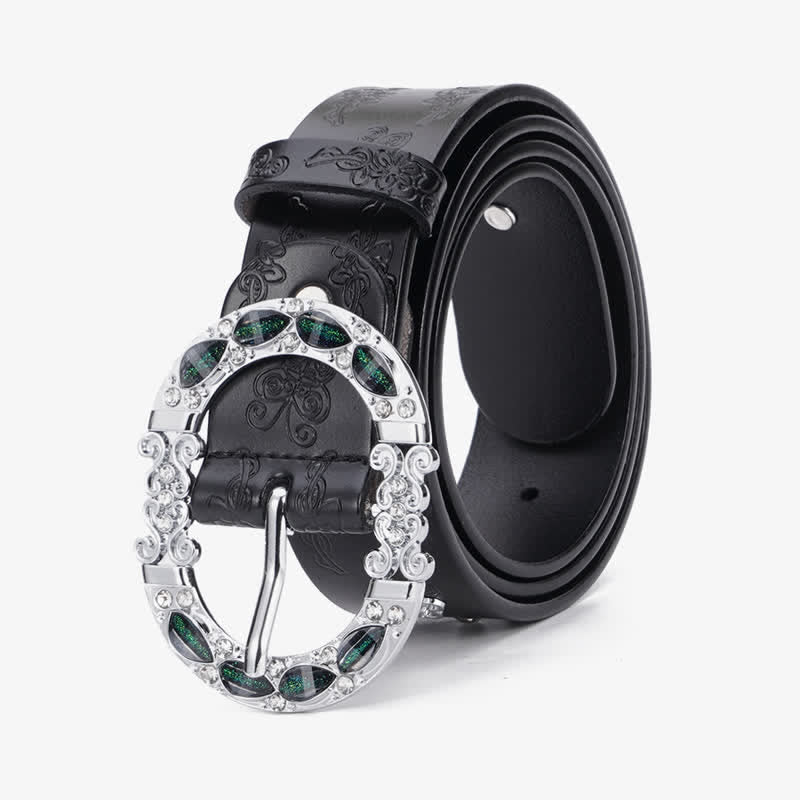 Ceinture en cuir à strass blancs et verts foncés pour femme
