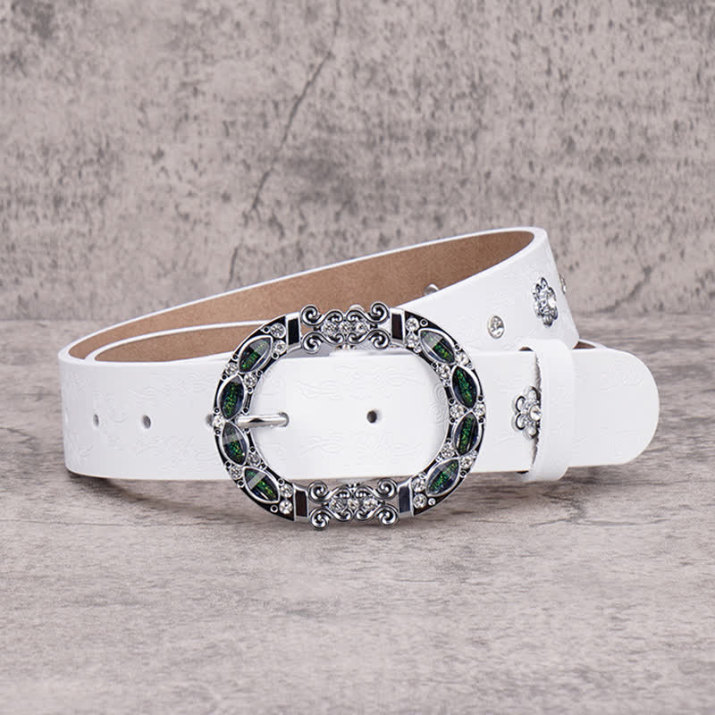 Ceinture en cuir à strass blancs et verts foncés pour femme