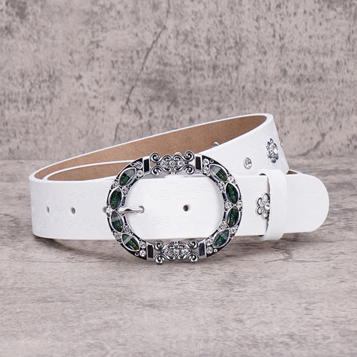 Ceinture en cuir à strass blancs et verts foncés pour femme