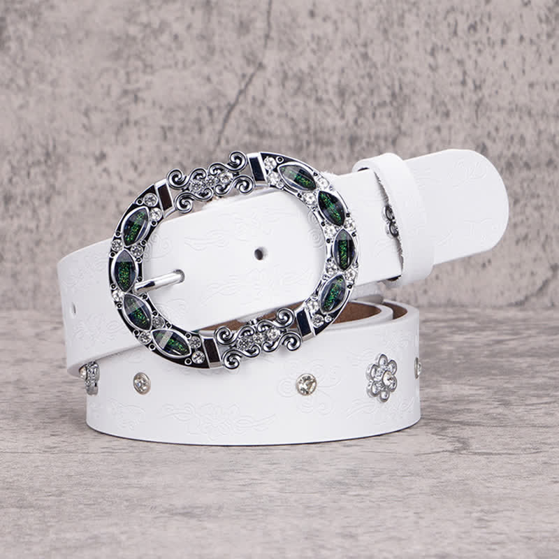 Ceinture en cuir à strass blancs et verts foncés pour femme