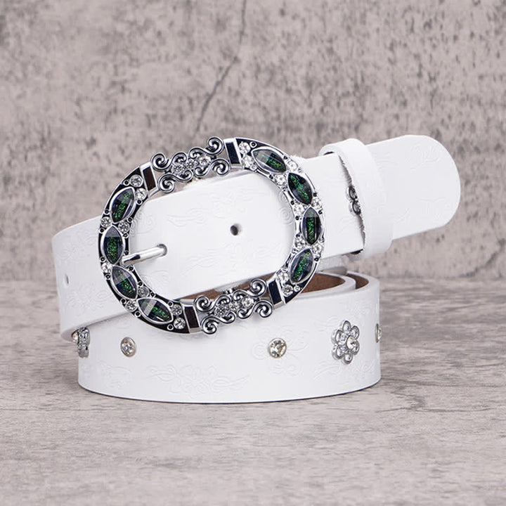 Ceinture en cuir à strass blancs et verts foncés pour femme