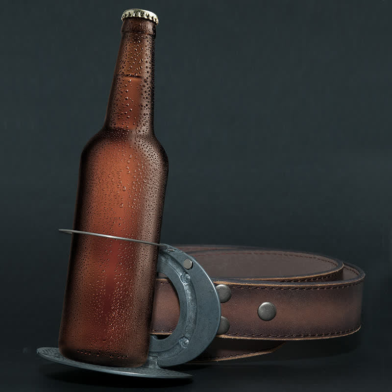 Ceinture en cuir avec boucle pour porte-bière créative et gravure de fleurs pour homme