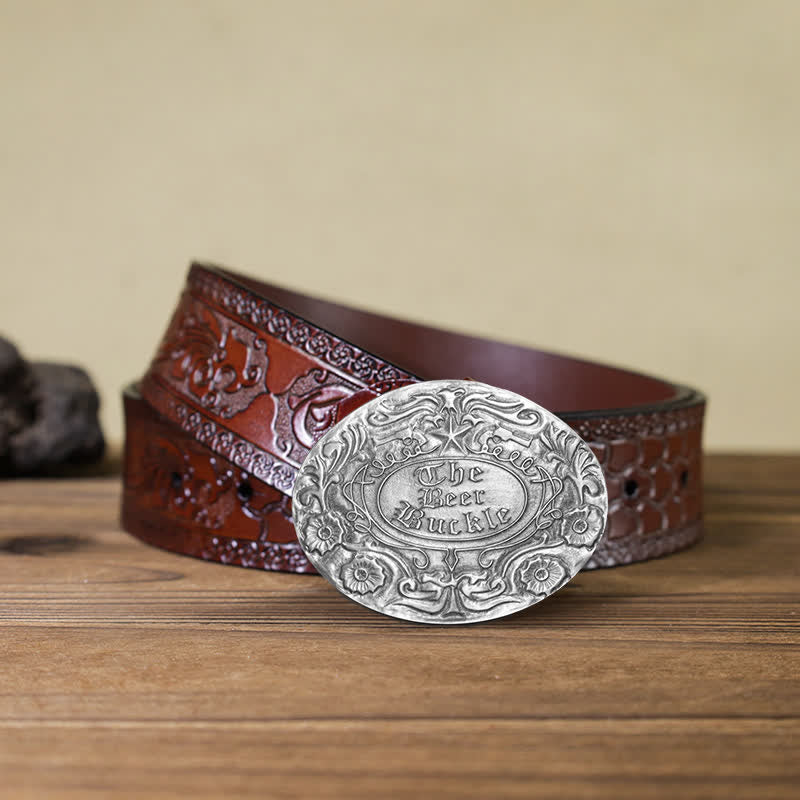 Ceinture en cuir avec boucle pour porte-bière créative et gravure de fleurs pour homme