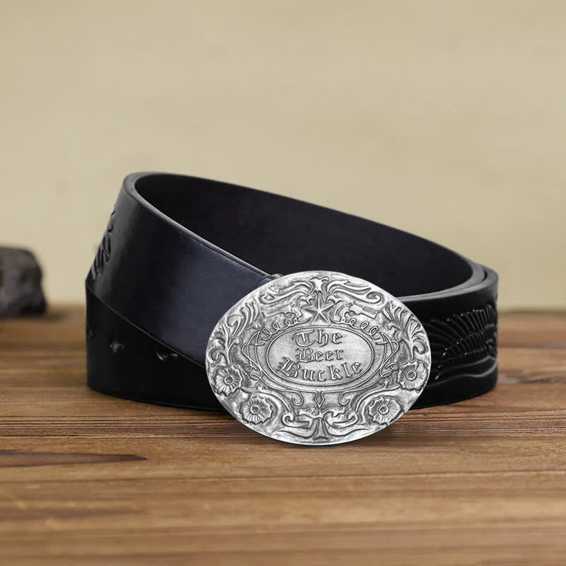 Ceinture en cuir avec boucle pour porte-bière créative et gravure de fleurs pour homme