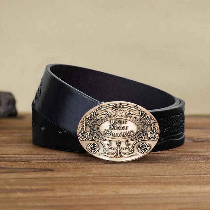 Ceinture en cuir avec boucle pour porte-bière créative et gravure de fleurs pour homme