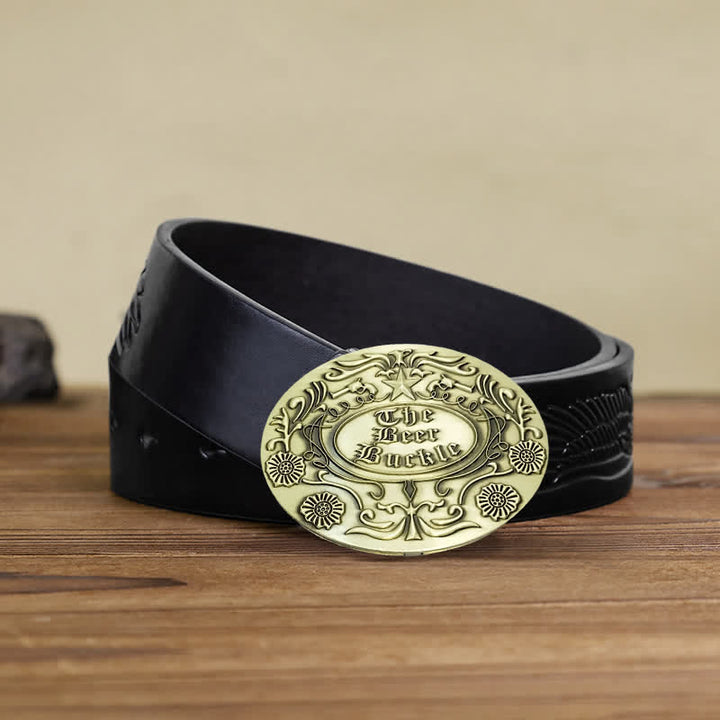 Ceinture en cuir avec boucle pour porte-bière créative et gravure de fleurs pour homme
