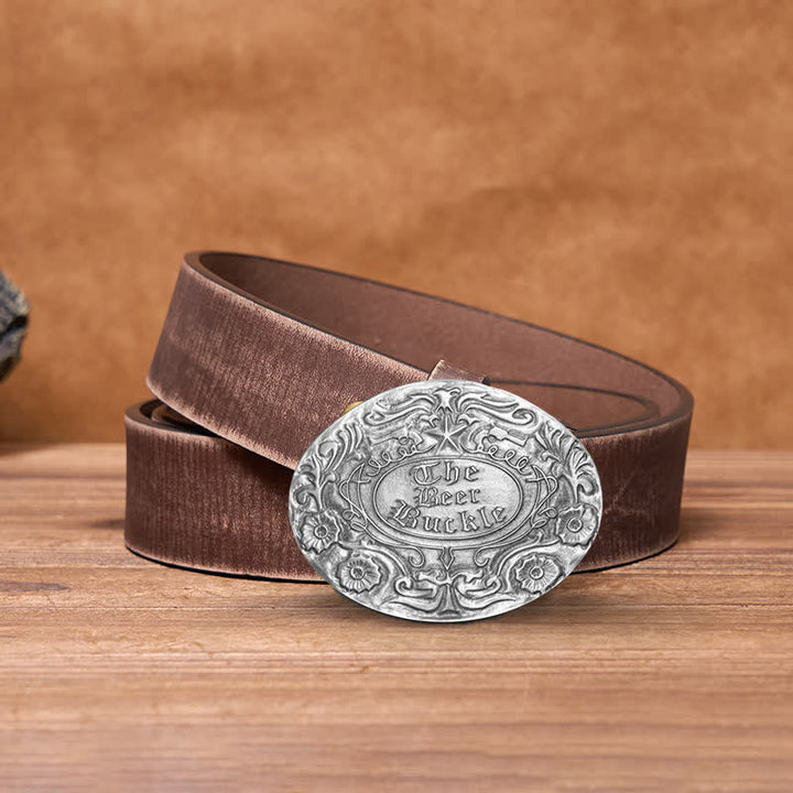 Ceinture en cuir avec boucle pour porte-bière créative et gravure de fleurs pour homme