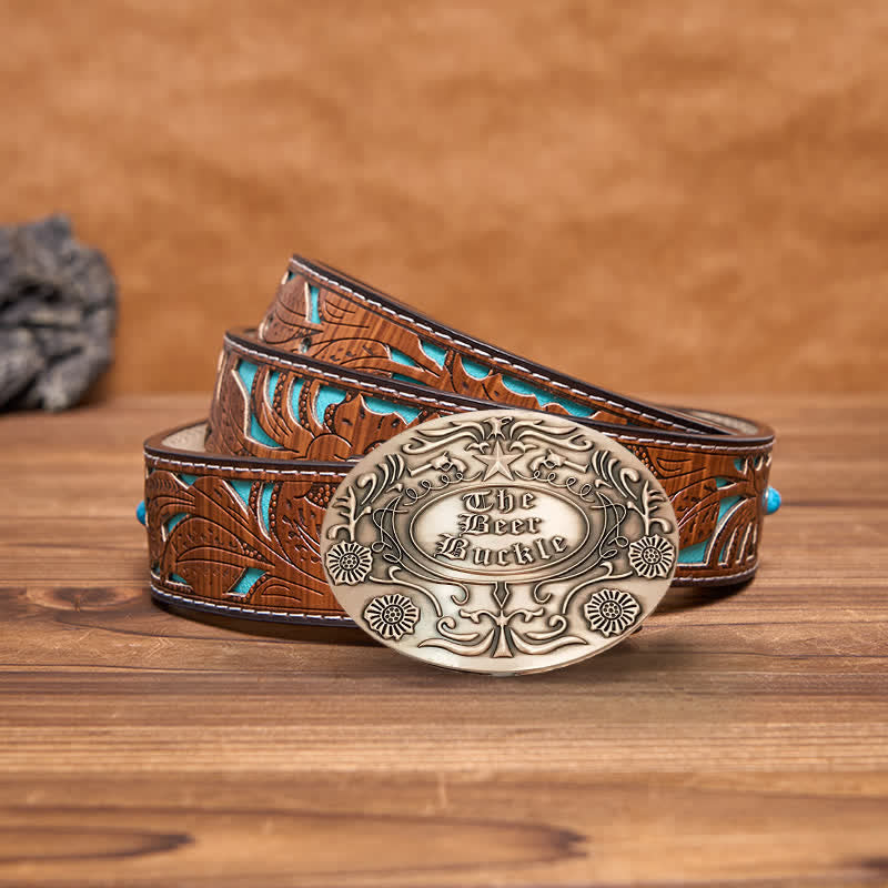 Ceinture en cuir avec boucle pour porte-bière créative et gravure de fleurs pour homme