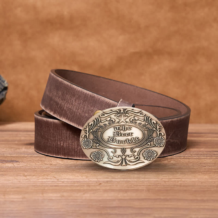 Ceinture en cuir avec boucle pour porte-bière créative et gravure de fleurs pour homme