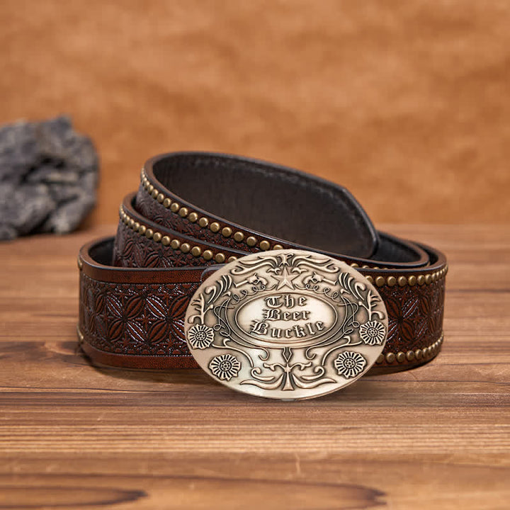 Ceinture en cuir avec boucle pour porte-bière créative et gravure de fleurs pour homme