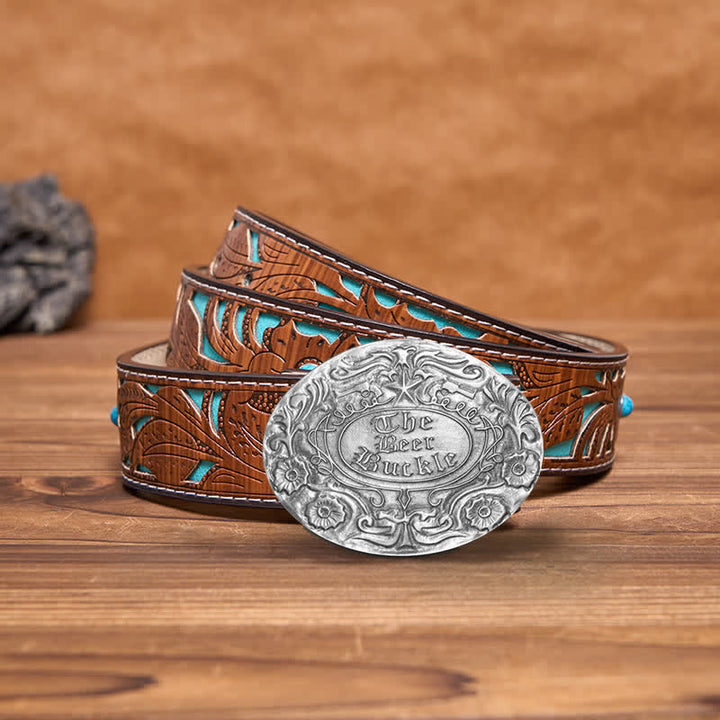 Ceinture en cuir avec boucle pour porte-bière créative et gravure de fleurs pour homme