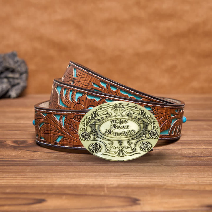 Ceinture en cuir avec boucle pour porte-bière créative et gravure de fleurs pour homme