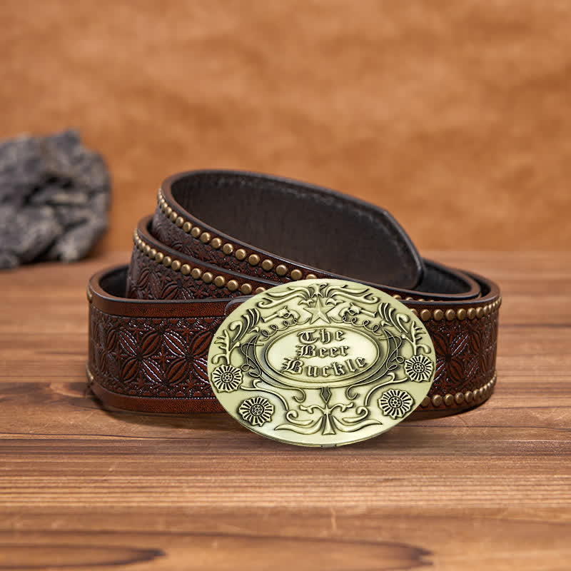 Ceinture en cuir avec boucle pour porte-bière créative et gravure de fleurs pour homme