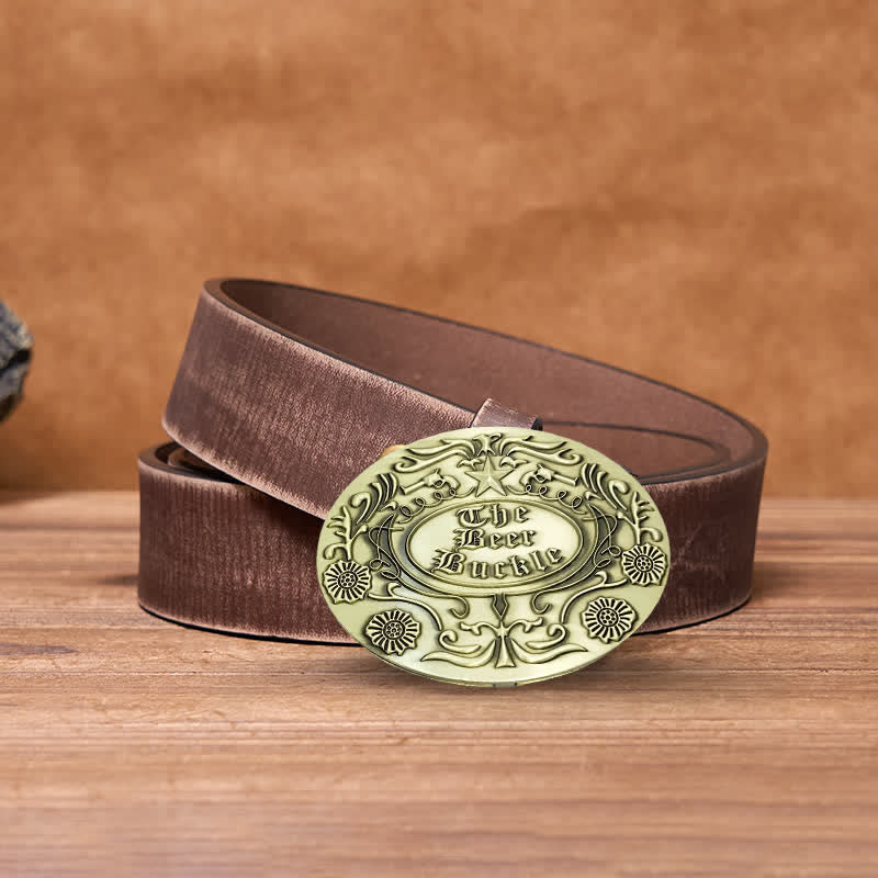 Ceinture en cuir avec boucle pour porte-bière créative et gravure de fleurs pour homme