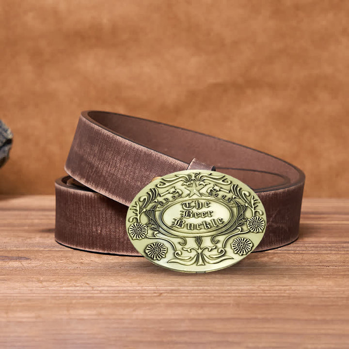 Ceinture en cuir avec boucle pour porte-bière créative et gravure de fleurs pour homme