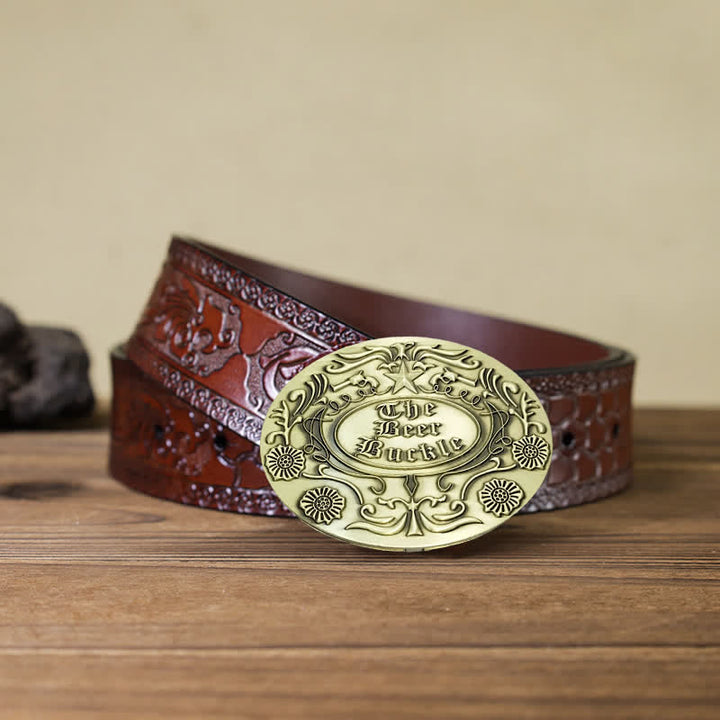 Ceinture en cuir avec boucle pour porte-bière créative et gravure de fleurs pour homme