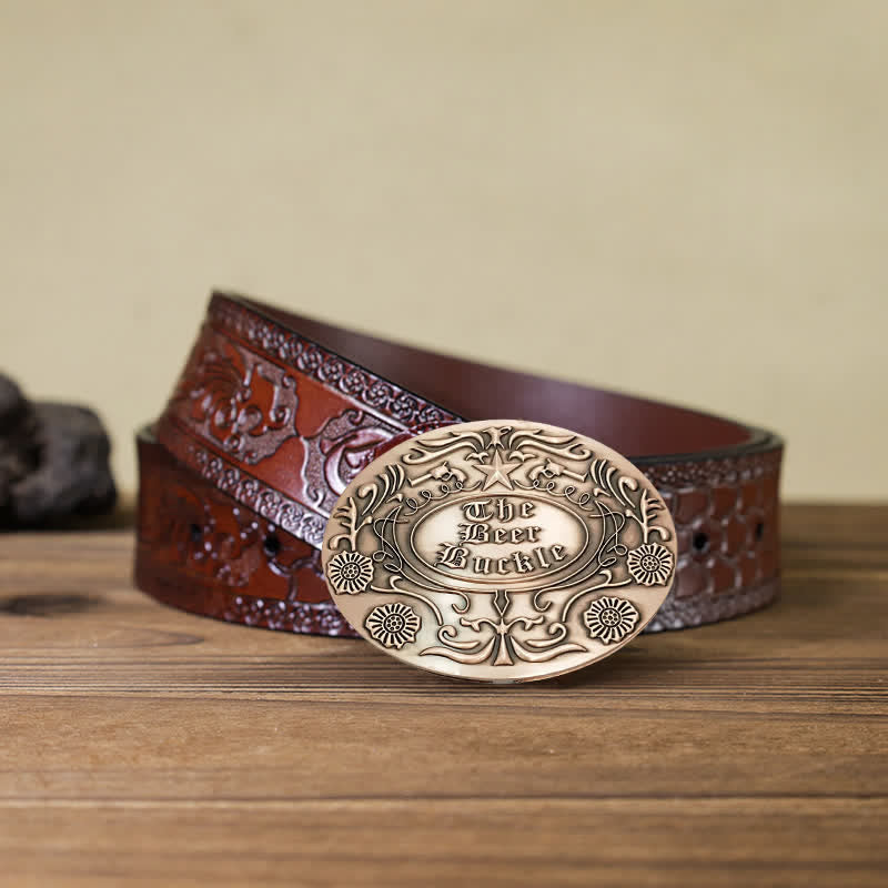 Ceinture en cuir avec boucle pour porte-bière créative et gravure de fleurs pour homme