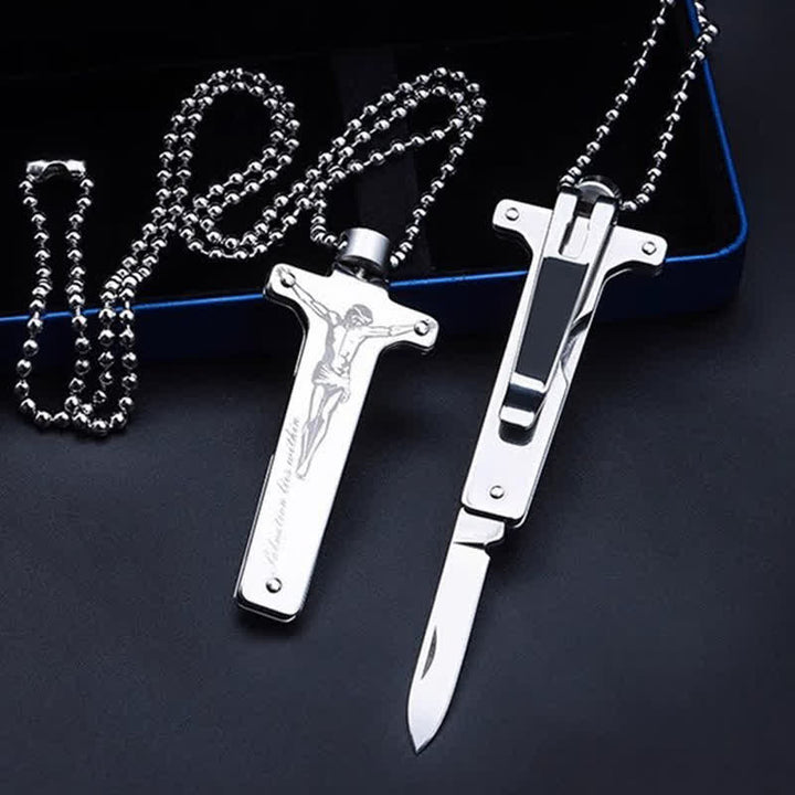 Collier avec pendentif mini couteau pliant créatif en forme de croix de Jésus - Jésus Sainte Croix - image 1