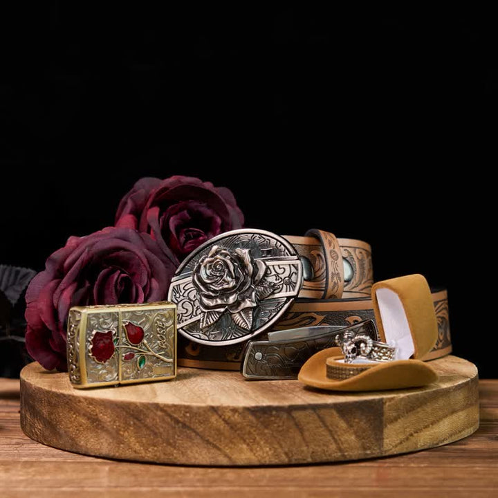 Ensemble de boucles de ceinture, couteau caché, briquet, bague, chèvre fantôme, rose à faire soi-même