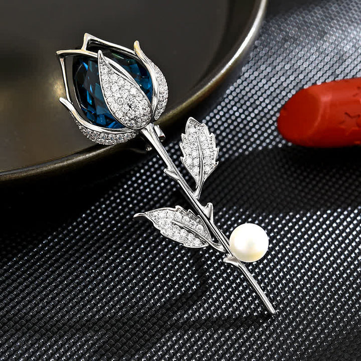 Broche élégante en cristal synthétique pour femme avec tulipe bleue
