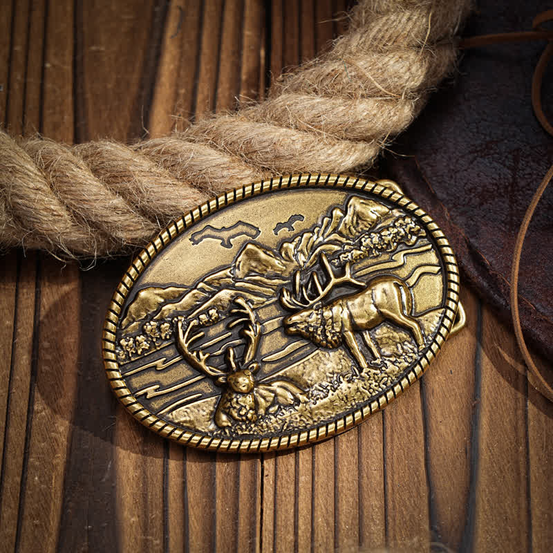 Ceinture en cuir à boucle style western pour homme avec motif cerfs sauvages