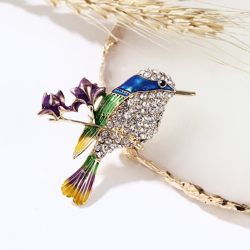 Broche en émail et strass pour femme en forme d'oiseau rose pie