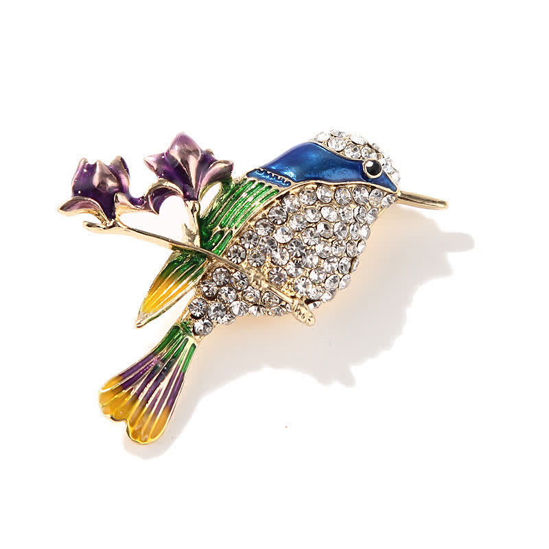 Broche en émail et strass pour femme en forme d'oiseau rose pie