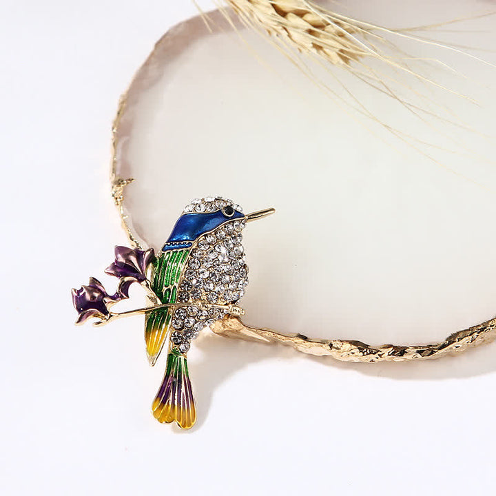 Broche en émail et strass pour femme en forme d'oiseau rose pie