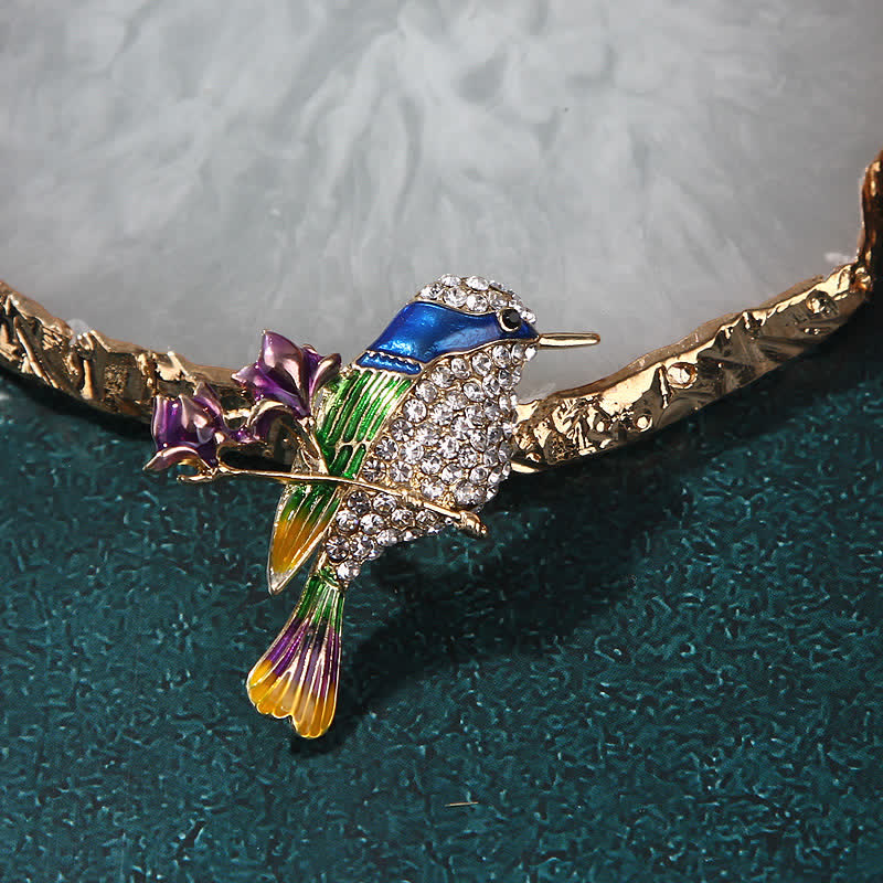 Broche en émail et strass pour femme en forme d'oiseau rose pie