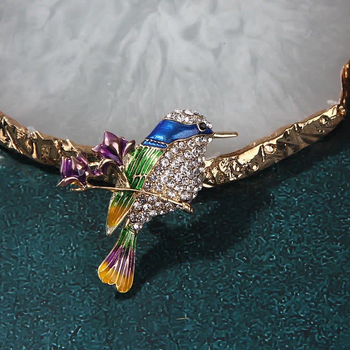 Broche en émail et strass pour femme en forme d'oiseau rose pie