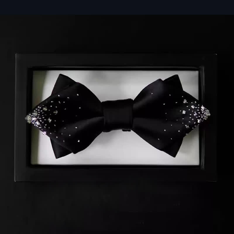 Nœud papillon pointu double épaisseur en fil d'argent noir pour homme