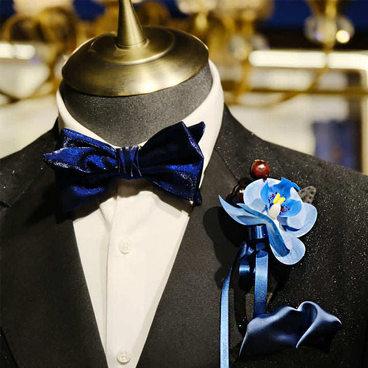 Lot de 3 broches et mouchoirs en forme de queue de poisson pour homme avec motif Phalaenopsis bleu