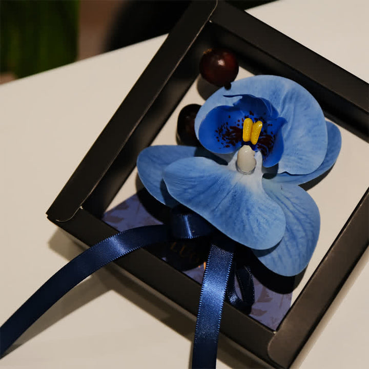 Lot de 3 broches et mouchoirs en forme de queue de poisson pour homme avec motif Phalaenopsis bleu